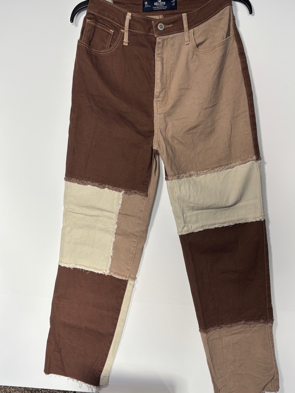 5R W27 Hollister Patchwork Colorblock Dad Jeans Brown Tan Cream High Rise